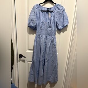 Gap Puff-Sleeve Midi Dress Medium Blue Stripe
